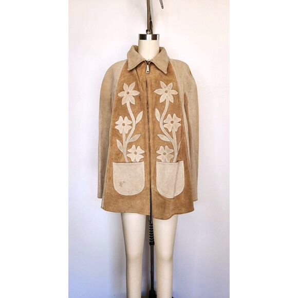 Vintage Leather Suede Poncho Cape Floral Distressed Rustic Oversized Woo… - Picture 6 of 10